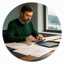 Analista gallego comparando facturas de energía y transporte en una mesa de trabajo